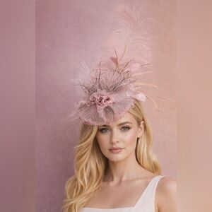 Kentucky Derby Hat KY Oaks Fascinator Pink Organza Feather Floral Statement